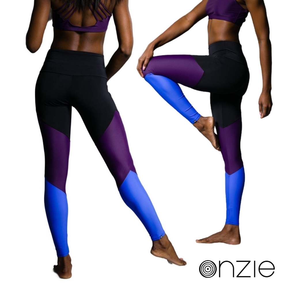 XS Onzie Hot Yoga Women's High Rise Track Leggings - Dahlia Combo Purple Blue